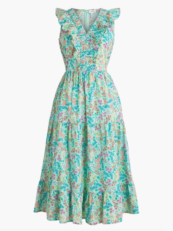 J. Crew V-Neck Ruffle Tiered Midi Dress Mint Green Floral Cottage Cotton 00 P